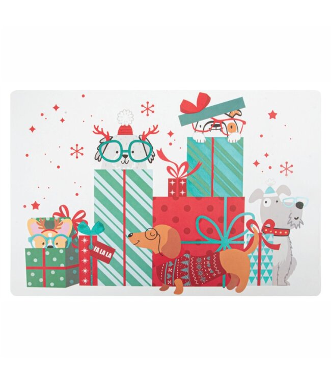 CHRISTMAS PRINTED POLYPROPYLENE PLACEMATS w/FOIL DETAILS HOLIDAY DOGS 12X18"