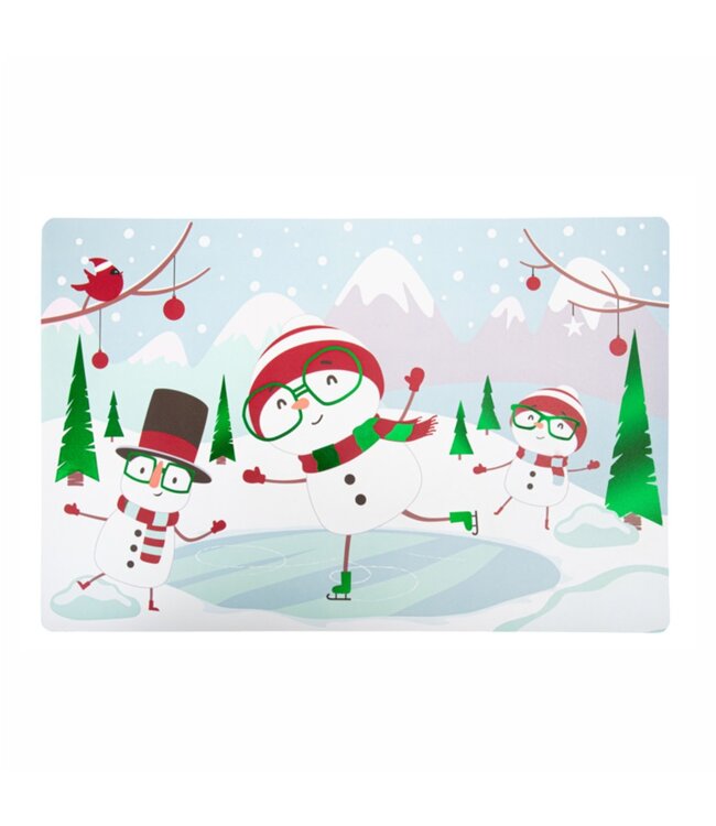 CHRISTMAS PRINTED POLYPROPYLENE PLACEMATS w/FOIL DETAILS SNOWMAN VACATION 12X18"