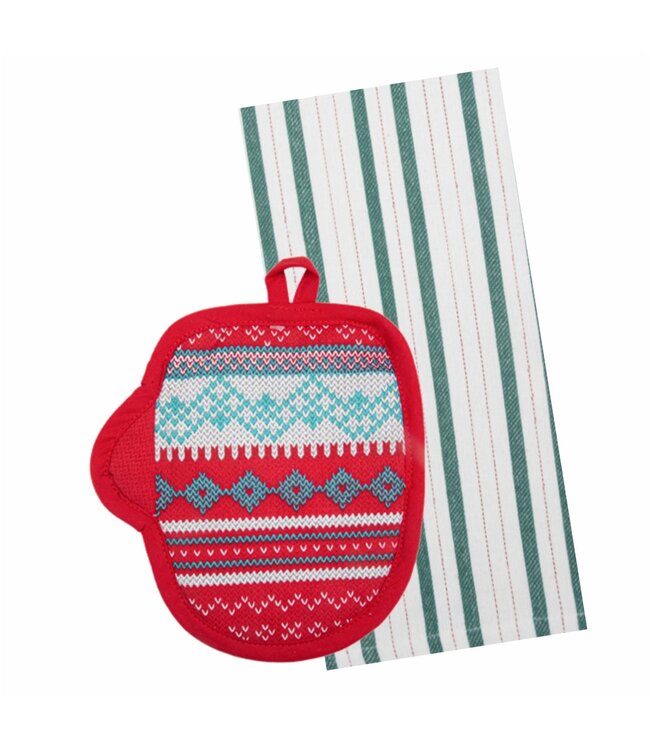 CHRISTMAS 2PC KITCHEN TOWEL + POT HOLDER MITTEN 15X25" / 7X7"