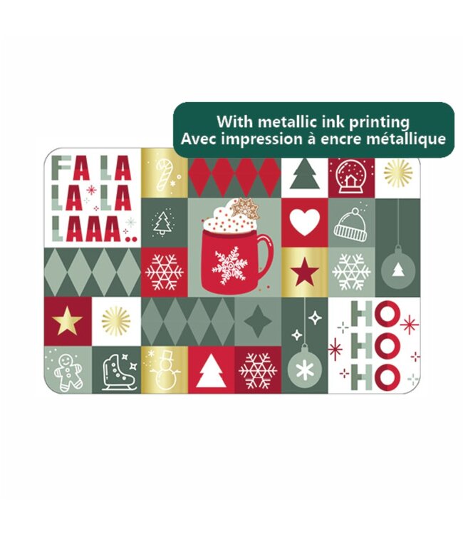 CHRISTMAS PRINTED POLYPROPLENE PLACEMATS w/FOIL DETAILS HOLIDAY PATCHWORK
