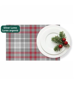 CHRISTMAS WOVEN PRINTED TEXTILENE PLACEMAT 12X18" GREY & SILVER  LUREX PLAID