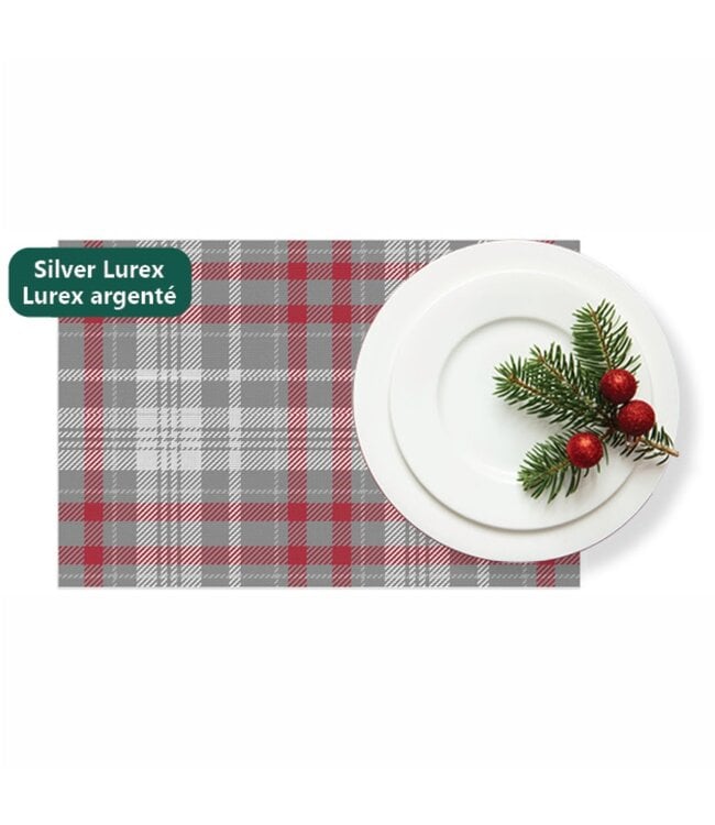 CHRISTMAS WOVEN PRINTED TEXTILENE PLACEMAT 12X18" GREY & SILVER  LUREX PLAID