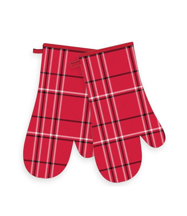 WOVEN PAIR OF CHRISTMAS OVEN MITTS w/METALLIC THREAD HOLIDAY PLAID
