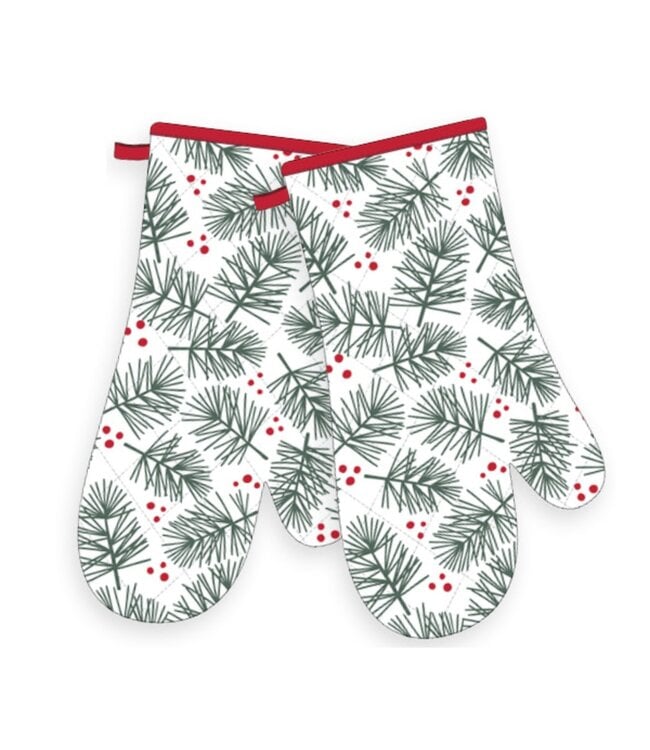 WOVEN PAIR OF CHRISTMAS OVEN MITTS w/METALLIC THREAD FESTIVES BRANCHES