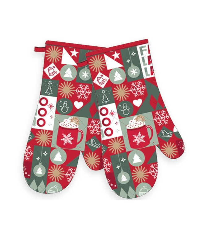 WOVEN PAIR OF CHRISTMAS OVEN MITTS w/METALLIC THREAD HOLIDAY PATCHWORK
