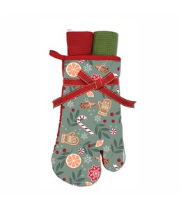 3pc GIFT SET - WOVEN OVEN MITT & 2 WAFFLE TEA TOWEL HOLIDAY TREATS