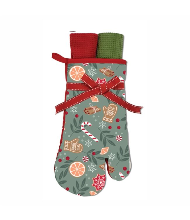 3pc GIFT SET - WOVEN OVEN MITT & 2 WAFFLE TEA TOWEL HOLIDAY TREATS
