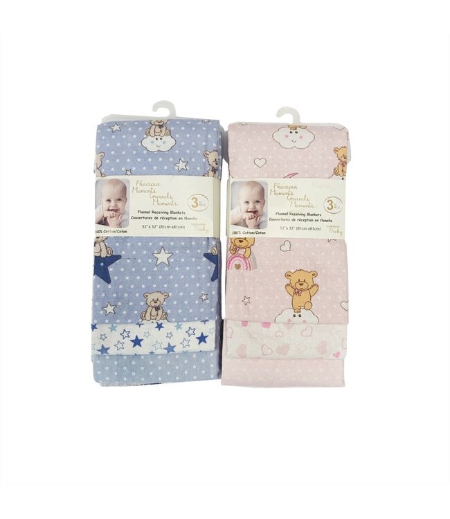3Pk FLANNEL RECEIVING BABY BLANKETS AST 32X32"