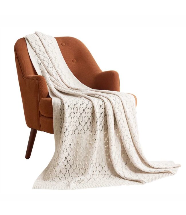 LAUREN TAYLOR EYLET STITCH ACRYLIC KNIT THROW BEIGE 50X60"