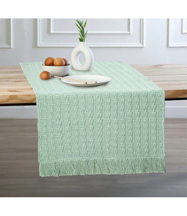 COTTON DHURRIE TABLE RUNNER w/FRINGE SAGE 13X72"