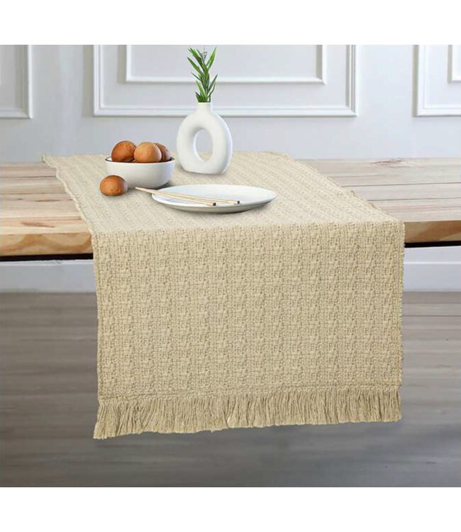 COTTON DHURRIE TABLE RUNNER w/FRINGE TAN 13X72"