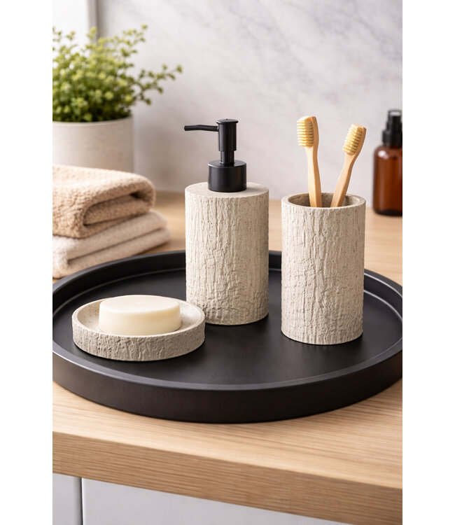 3PC BATHROOM ACCESSORY SET TEXTURED POLYRESIN IVORY