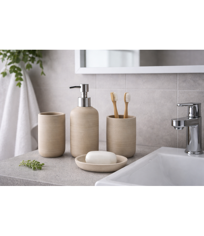 4PC BATHROOM ACCESSORY SET TAN TRAVERTINE POLYRESIN