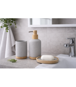3PC BATHROOM ACCESSORY SET GREY LIMESTONE POLYRESIN w/BAMBOO  ACCENT