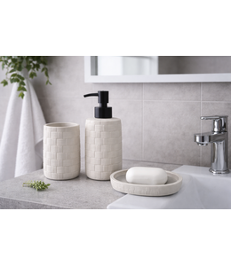 3PC BATHROOM ACCESSORY SET BASKETWEAVE POLYRESIN IVORY
