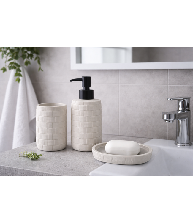 3PC BATHROOM ACCESSORY SET BASKETWEAVE POLYRESIN IVORY