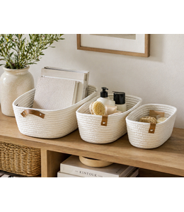 3Pc COTTON ROPE w/PU HANDLES BASKET SET WHITE