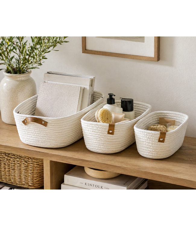 3Pc COTTON ROPE w/PU HANDLES BASKET SET WHITE