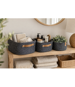 3Pc COTTON ROPE w/PU HANDLES BASKET SET GREY