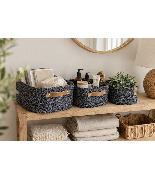 3Pc COTTON ROPE w/PU HANDLES BASKET SET GREY