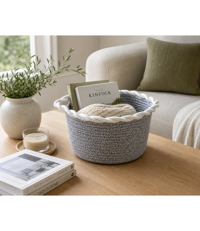 COTTON ROPE BASKET GREY w/WHITE RIM