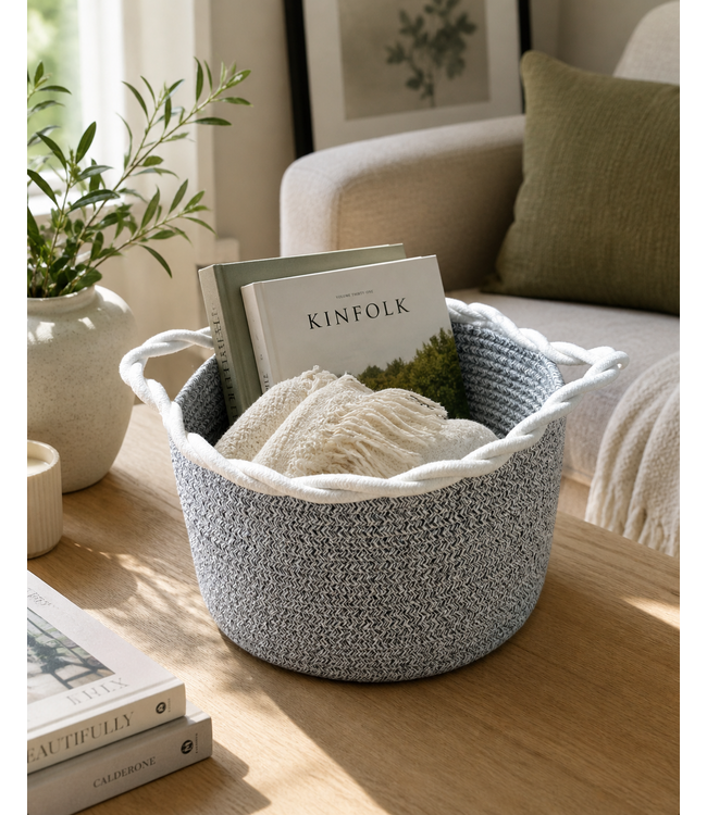 COTTON ROPE BASKET GREY w/WHITE RIM