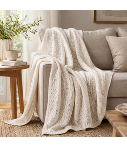 LAUREN TAYLOR EYELET STITCH ACRYLIC KNIT THROW BEIGE 50X60"