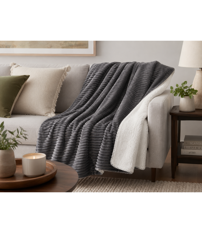 LAUREN TAYLOR PORTIA RIBBED PLUSH MICRO MINK REVERSE TO SHERPA THROW 50X60" (MP6)