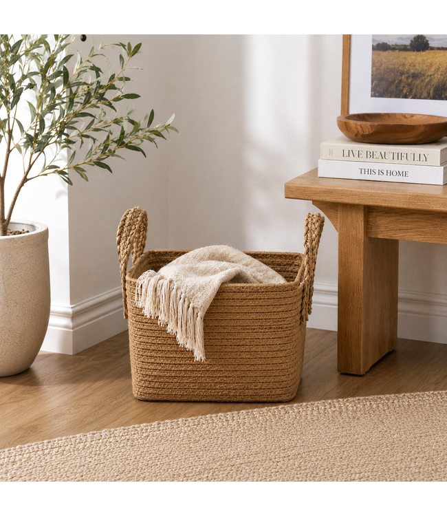 COTTON ROPE BASKET w/SEAGRASS HANDLES BROWN