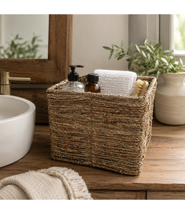 SEAGRASS WIRE FRAME BASKET w/BUILT IN HANDLES BROWN