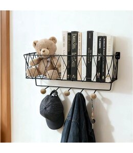 LAUREN TAYLOR BLACK IRON WOODEN WALL SHELF w/KNOB HOOKS 14"x5"x6.5