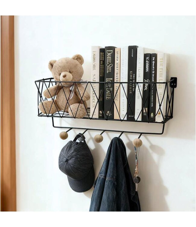 LAUREN TAYLOR BLACK IRON WOODEN WALL SHELF w/KNOB HOOKS 14"x5"x6.5