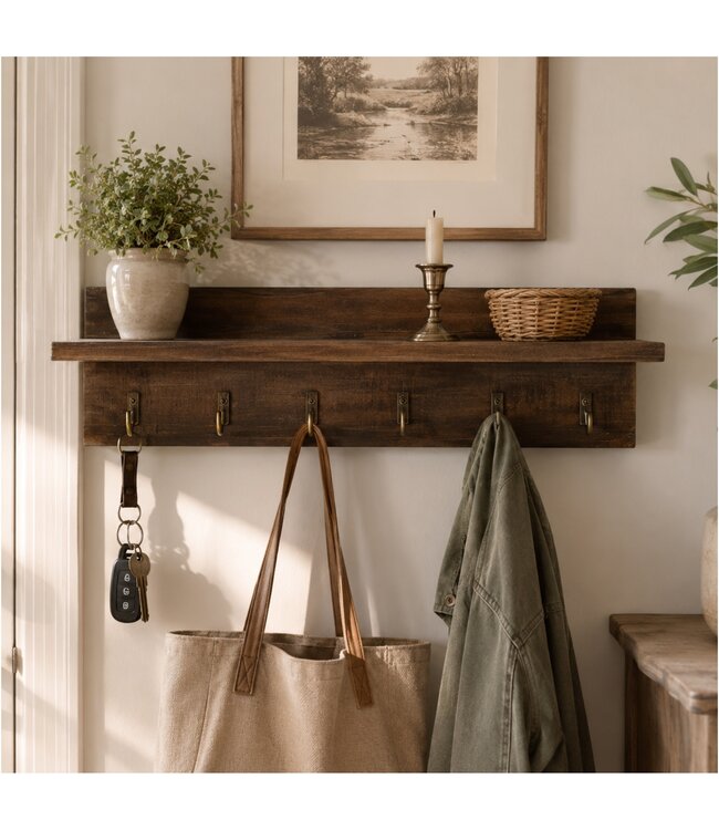 LAUREN TAYLOR PINE WOOD WALL SHELF w/KEY HOOKS 14"x5"x4"