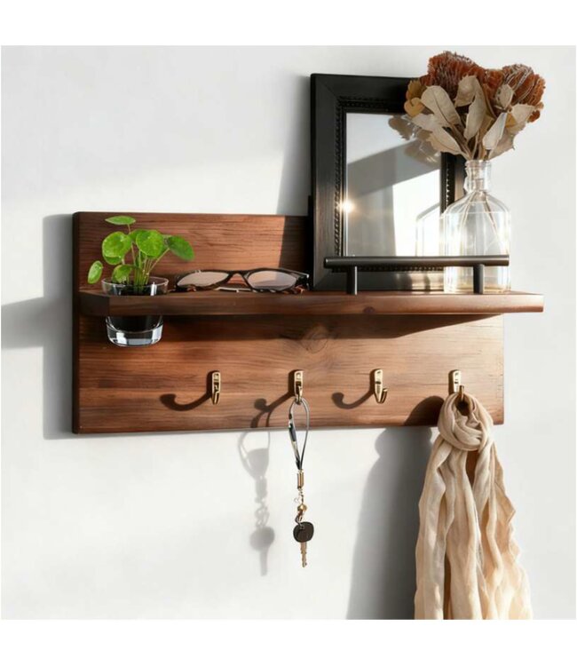 LAUREN TAYLOR PINE WOOD WALL SHELF w/BLACK HOOKS 14"x7"x4"