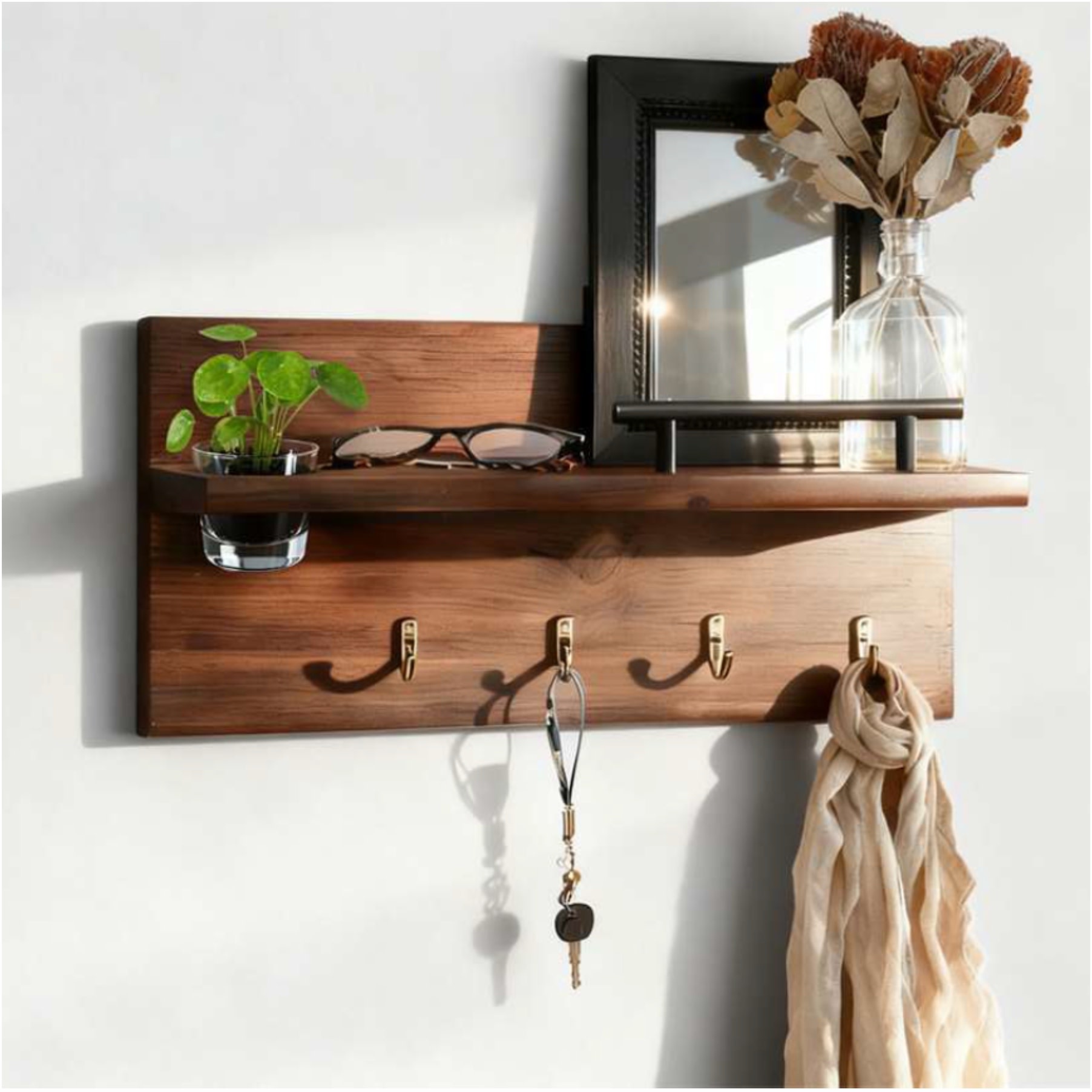 Lauren Taylor Pine Wood Wall Shelf w/Black Hooks 14"x7"x4"