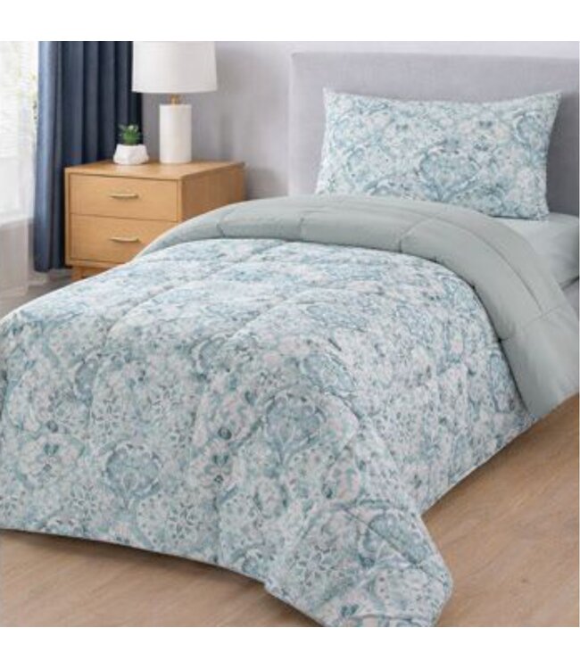 2Pc PRINTED REVERSE TO SOLID COMFORTER TWIN