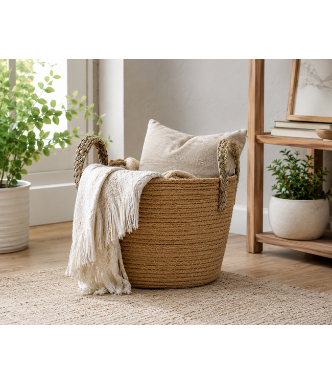 COTTON ROPE BASKET w/SEAGRASS HANDLES BROWN