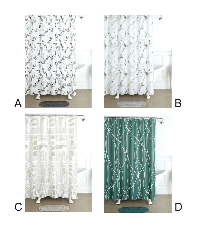 3PC SHOWER CURTAIN/BATH MAT SET AST w/HOOKS