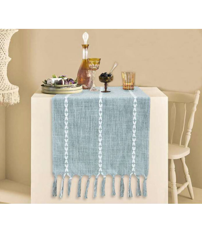 FAUX LINEN EMBROIDERED TABLE RUNNER SLATE 13X72"