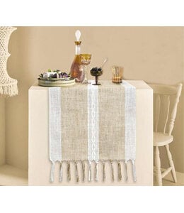 FAUX LINEN EMBROIDERED TABLE RUNNER w/FRINGE BEIGE 13X72"