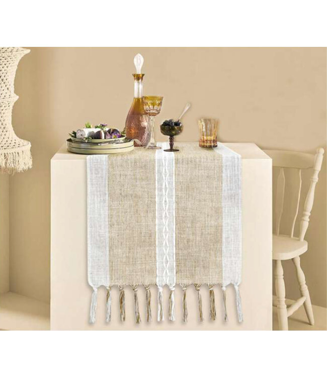 FAUX LINEN EMBROIDERED TABLE RUNNER w/FRINGE BEIGE 13X72"