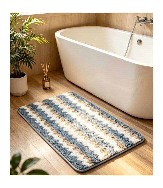 STRIPED BATH MAT AST (White / Taupe / Blue) 16X24″