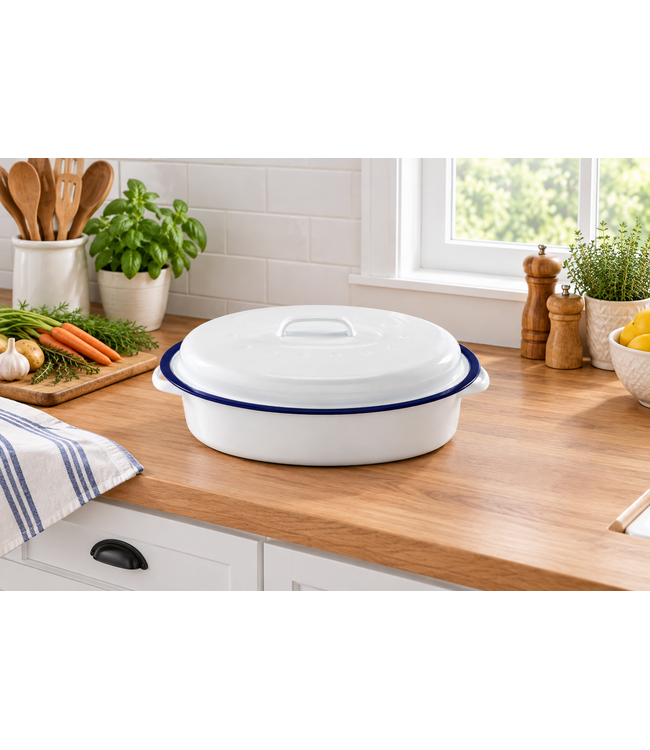 Remy Olivier SELF BASTING ENAMEL OVAL ROASTER w/LID WHITE