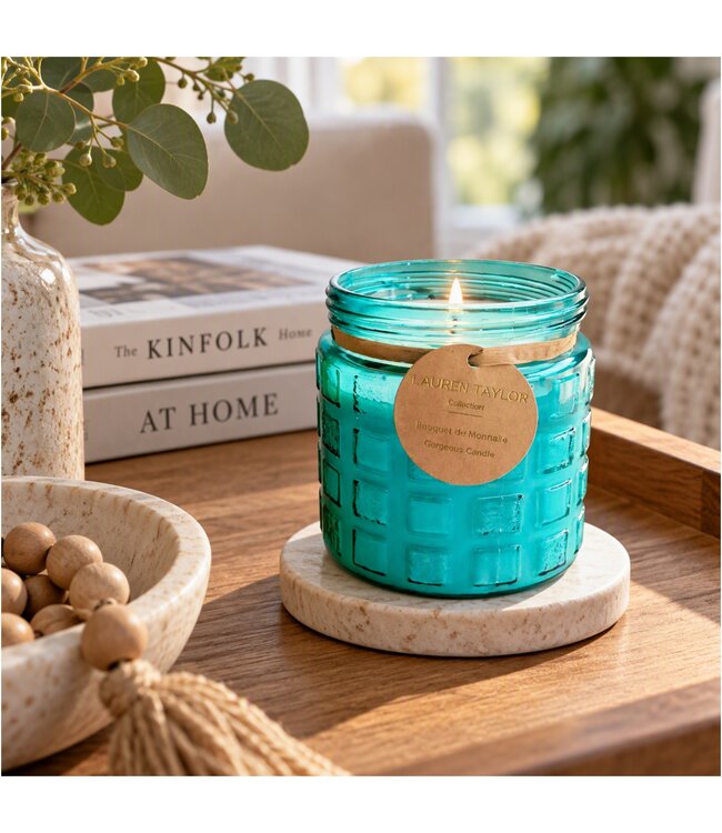 LAUREN TAYLOR 3% CITRONELLA CANDLE IN GLASS POT BLUE or YELLOW