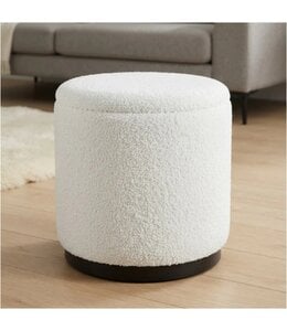 LAUREN TAYLOR BOUCLE STORAGE OTTOMAN w/WOOD BASE WHITE 17"x18"