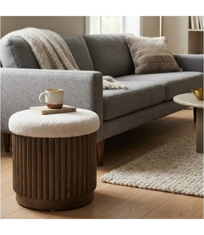 LAUREN TAYLOR WOOD STORAGE OTTOMAN w/BOUCLE LID WHITE 13"x11"