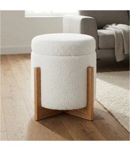 LAUREN TAYLOR BOUCLE STORAGE OTTOMAN w/WOOD STAND WHITE 16"x20"