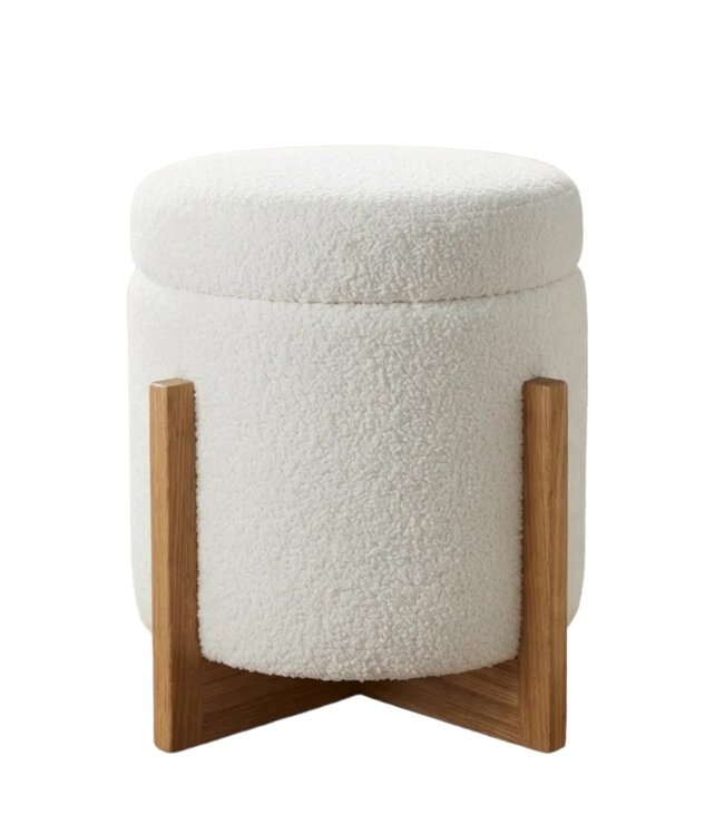 LAUREN TAYLOR BOUCLE STORAGE OTTOMAN w/WOOD STAND WHITE 16"x20"