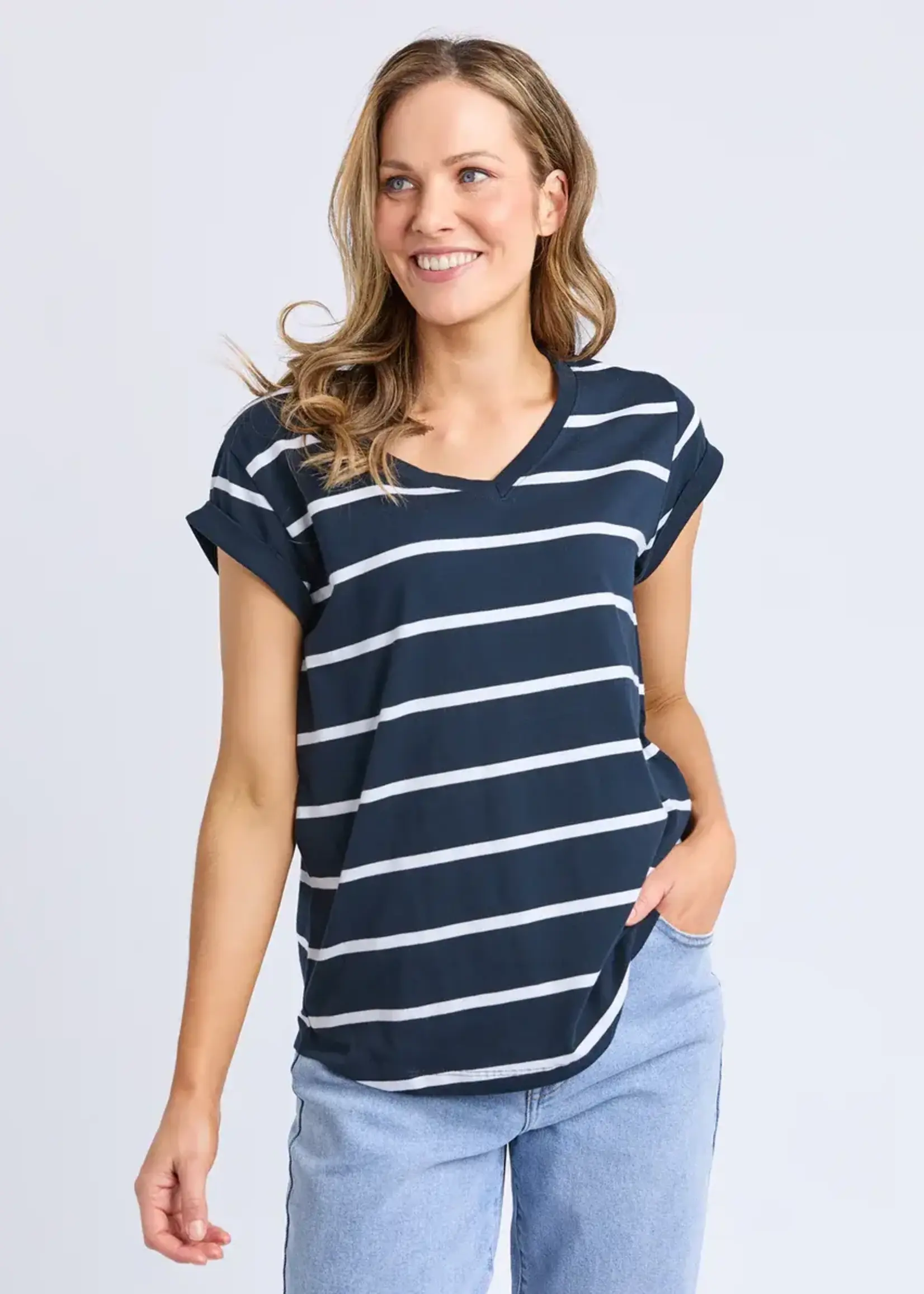 Foxwood Manly Stripe V Neck Tee Navy