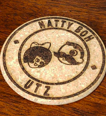 LeRoy Woodworks Cork Coaster Natty Boh and UTZ Girl